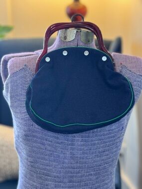 Stellar Vintage Navy Fabric Handbag with Burgundy plastic Handles